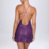 Vestido de noche para mujer – Corte ajustado – Espalda abierta – Cuello halter con lentejuelas – Minivestido
