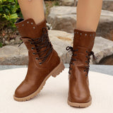 Botas de media caña para mujer – Piel sintética – Cordones – Tacón grueso – Suela con tacos