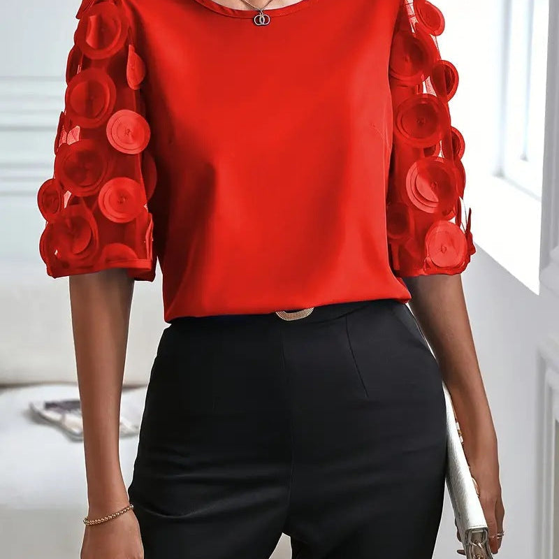 Top de manga corta para mujer – Corte holgado – Mangas acampanadas de encaje – Estilo casual