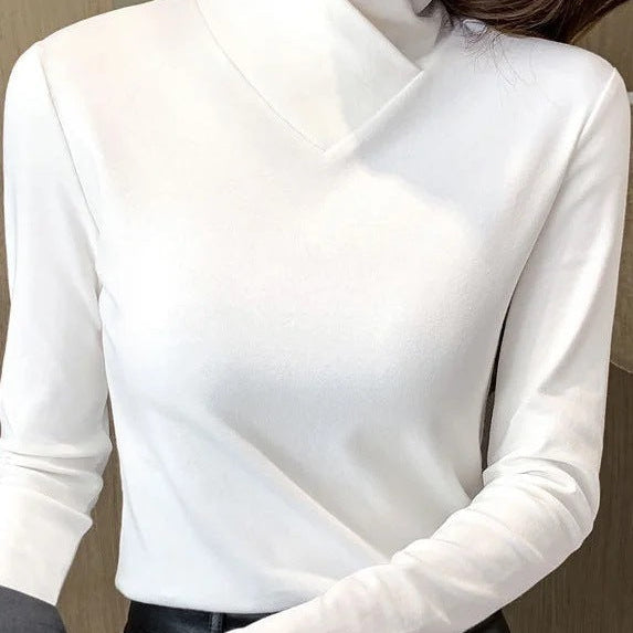 Top de mujer - Jersey elástico - Corte ajustado - Mangas largas - Cuello alto asimétrico