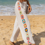 Pantalón de mujer – Corte relajado – Pierna acampanada – Detalle de crochet – Algodón transpirable