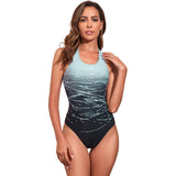 Traje de baño para mujer - Corte de cuello alto - Estampados ondulados vibrantes - Silueta elegante