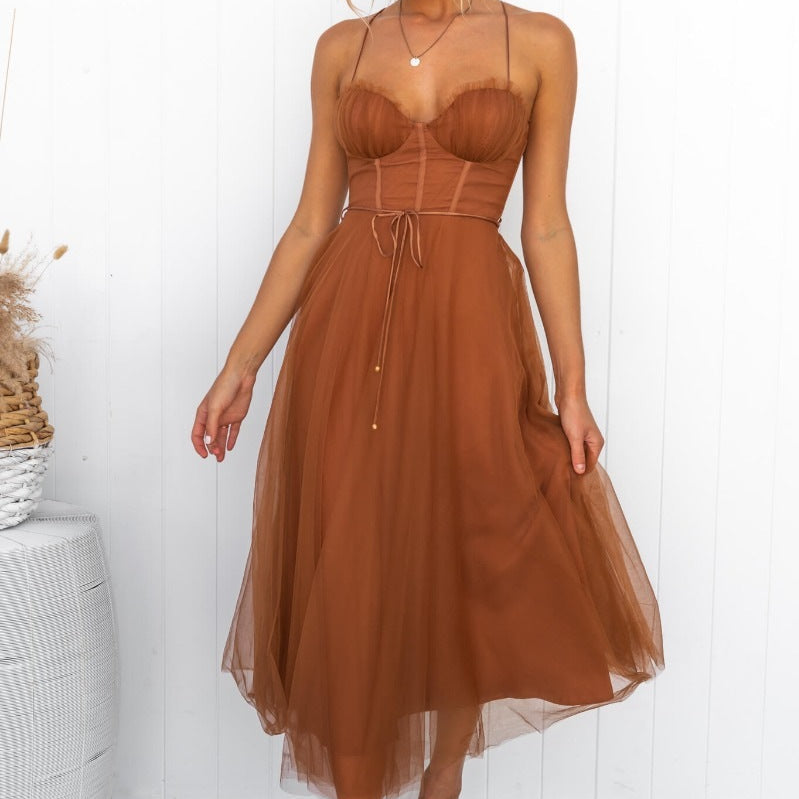Vestido de noche para mujer – Corte en A – Tul ligero – Espalda abierta – Corpiño estructurado