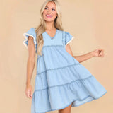 Vestido vaquero para mujer – Corte en A – Mini – Mangas cortas con volantes – Cuello en V