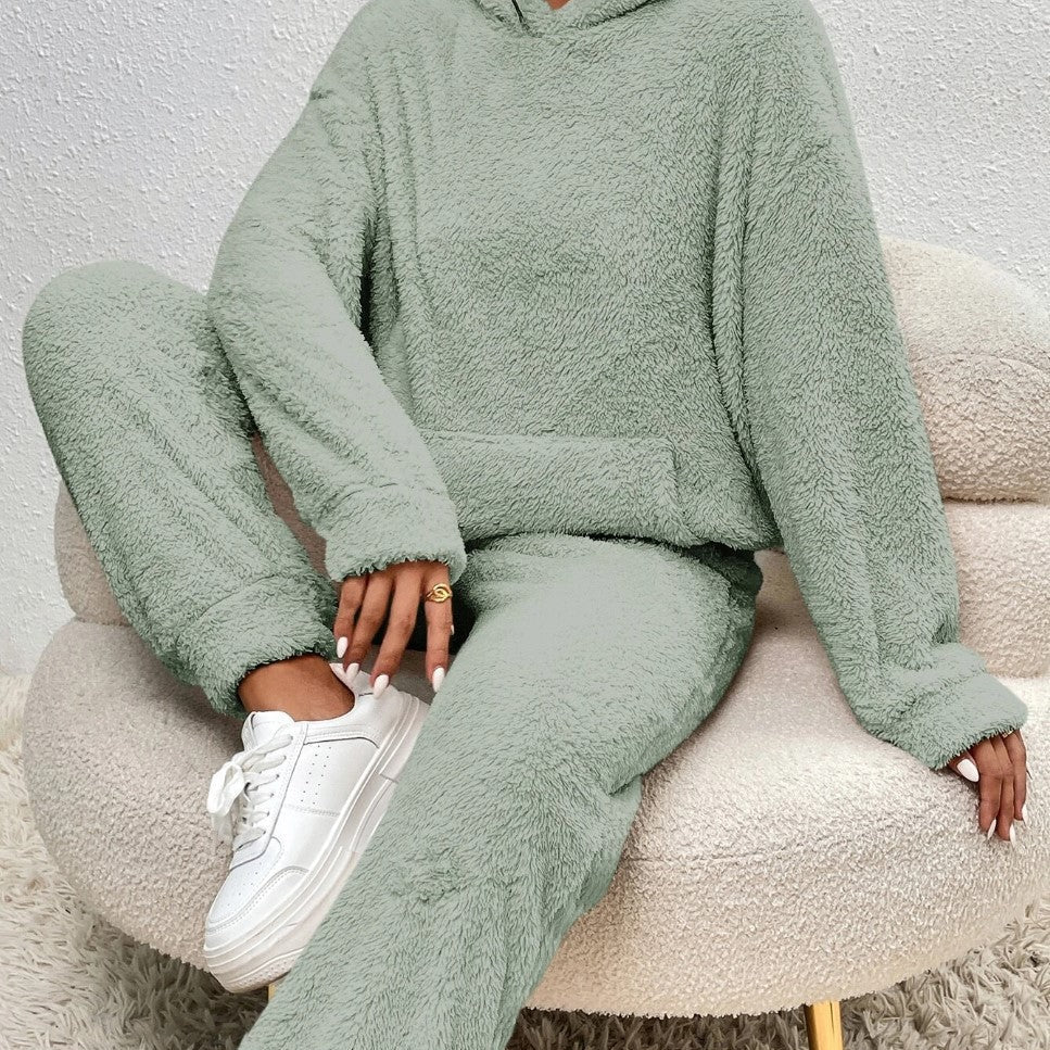 Conjunto de dos piezas para mujer: sudadera con capucha extragrande, pantalón ancho y tejido de felpa suave.