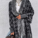 Cárdigan de mujer – Corte holgado – Estampado pata de gallo – Cuello de piel – Flecos