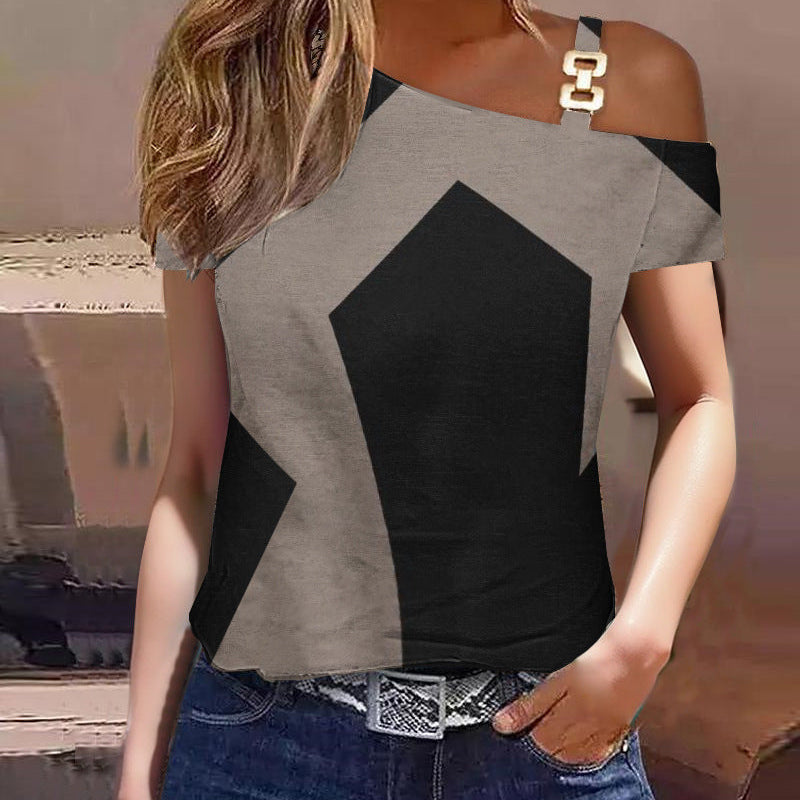 Camiseta de manga corta para mujer – Corte holgado – Hombros descubiertos – Estampado geométrico – Algodón