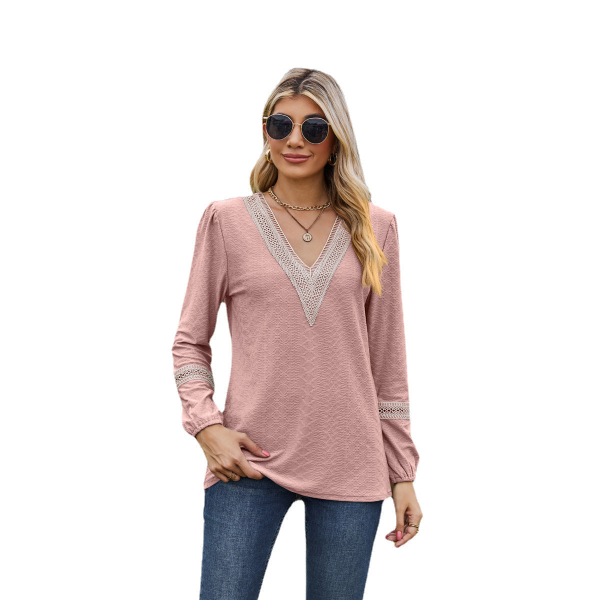 Camiseta de manga larga para mujer – Corte holgado – Cuello en V de encaje – Tejido suave y transpirable