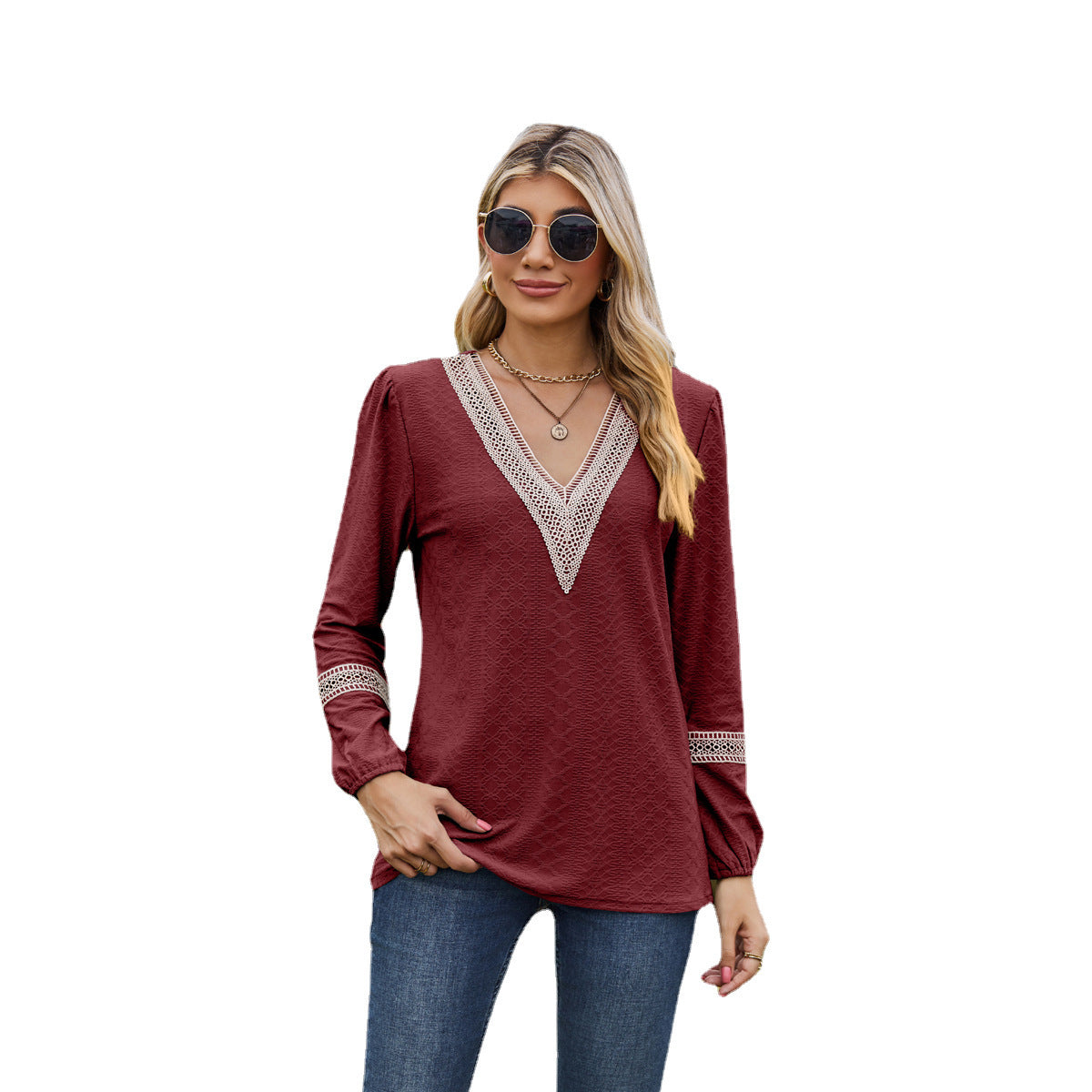 Camiseta de manga larga para mujer – Corte holgado – Cuello en V de encaje – Tejido suave y transpirable