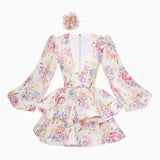 Vestido corto de mujer – Cuello en V – Cintura ajustada – Estampado floral – Mangas largas