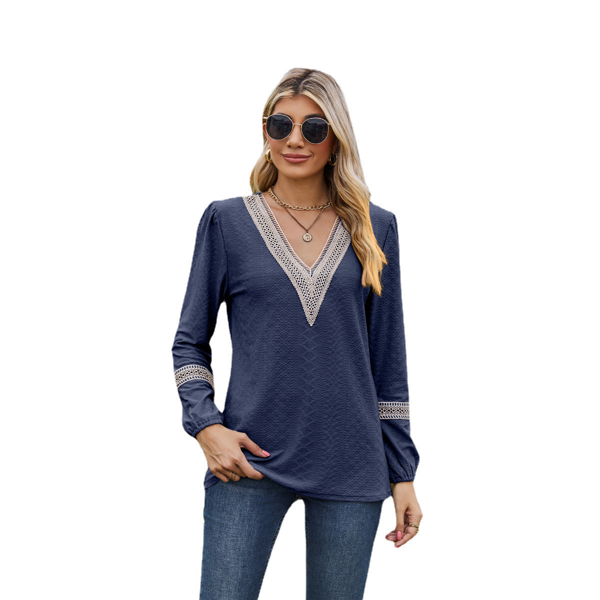 Camiseta de manga larga para mujer – Corte holgado – Cuello en V de encaje – Tejido suave y transpirable