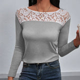 Camiseta de manga larga para mujer – Corte entallado – Encaje floral – Cuello redondo elegante