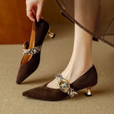 Zapatos Mary Jane para mujer – Gamuza elegante – Tacón medio – Punta puntiaguda – Correa con hebilla