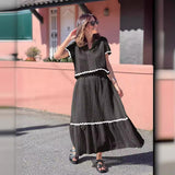 Conjunto de falda para mujer – Mezcla de algodón – Corte holgado – Mangas cortas – Encaje