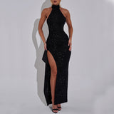Vestido de noche para mujer – Corte entallado – Espalda abierta – Cuello halter – Abertura lateral – Tejido brillante