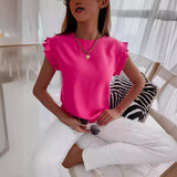 Blusa de mujer – Corte relajado – Tejido transpirable – Mangas con volantes – Cuello redondo