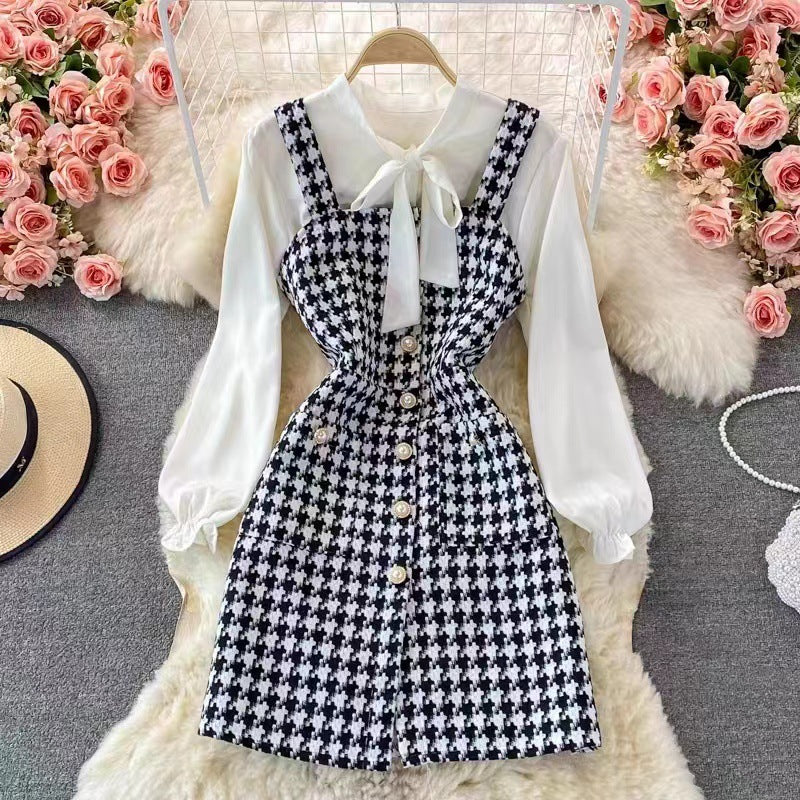 Vestido estilo pichi para mujer – Corte entallado – Tweed texturizado – Abotonado – Blusa con lazo