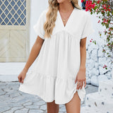 Vestido evasé para mujer – Tejido transpirable – Mangas cortas – Cuello en pico – Bajo con volantes