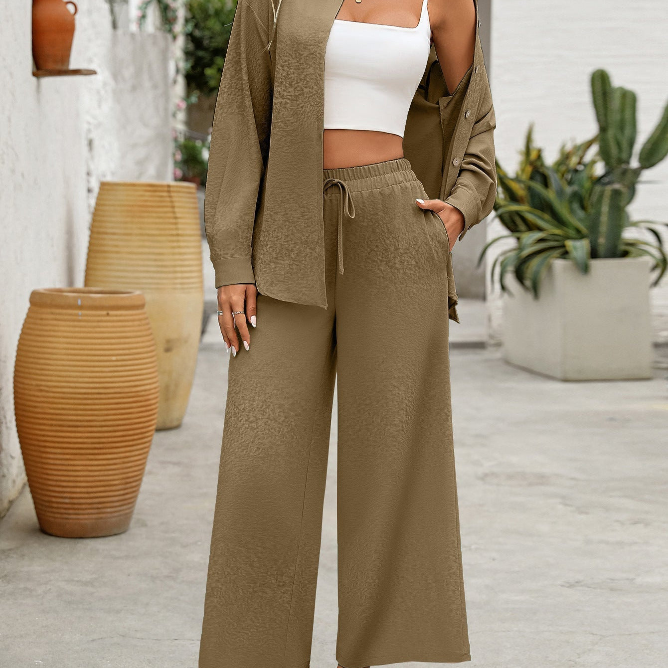 Conjunto de dos piezas para mujer: túnica informal y pantalón ancho, tejido transpirable.