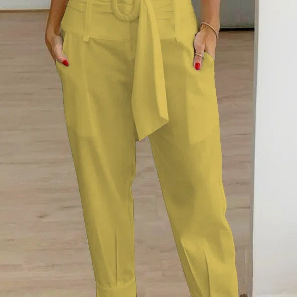 Pantalones de mujer – Cintura alta – Pernera ajustada – Cinturón con hebilla – Tejido transpirable