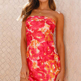 Vestido mini sin tirantes para mujer – Corte ajustado – Tejido ligero – Elegante estampado floral