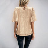 Camiseta de lentejuelas para mujer – Corte holgado – Mangas acampanadas – Cuello redondo elegante
