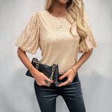 Camiseta de lentejuelas para mujer – Corte holgado – Mangas acampanadas – Cuello redondo elegante