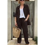 Conjunto de camisa y pantalón para mujer – Lino transpirable – Corte holgado – Cintura elástica