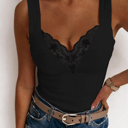 Top sin mangas para mujer – Cuello en V de encaje – Corte ajustado – Elegante y versátil