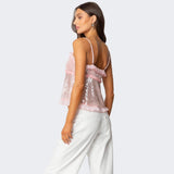 Top corto halter para mujer – Lentejuelas brillantes – Corte ajustado – Volantes decorativos