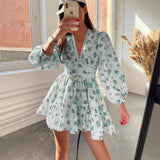 Vestido corto evasé para mujer – Cuello en V de encaje – Mangas largas abullonadas – Estampado floral