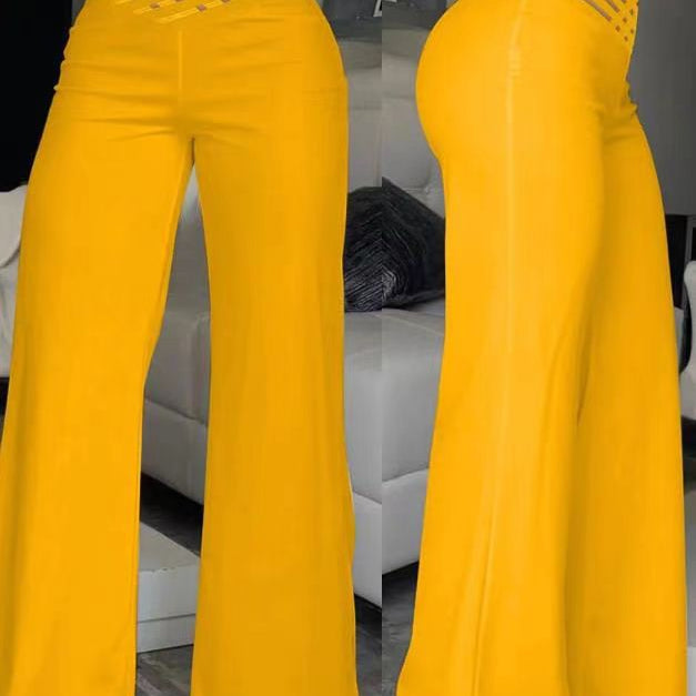 Pantalón de mujer de cintura alta – Pernera ancha y fluida – Cinturón decorativo – Tejido ligero
