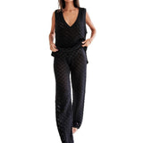 Conjunto de camiseta y pantalón para mujer – Tejido ligero – Corte holgado – Escote en pico profundo