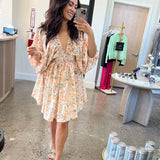 Vestido corto de mujer – Gasa ligera – Escote en pico – Cintura fruncida – Mangas abullonadas