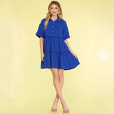 Vestido corto de mujer – Cuello camisero – Lino de algodón – Corte holgado – Mangas cortas acampanadas