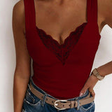 Top sin mangas para mujer – Cuello en V de encaje – Corte ajustado – Elegante y versátil