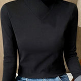 Top de mujer - Jersey elástico - Corte ajustado - Mangas largas - Cuello alto asimétrico