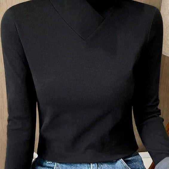 Top de mujer - Jersey elástico - Corte ajustado - Mangas largas - Cuello alto asimétrico