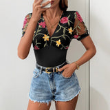 Body de mujer – Corte entallado – Mangas cortas de tul – Cuello en V con bordado floral