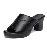 Mules de tacón para mujer – Piel suave – Punta abierta – Tacón ancho – Fáciles de poner