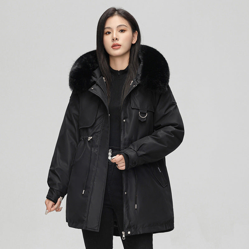 Chaqueta parka para mujer – Corte oversize – Capucha de piel sintética – Cintura ajustable