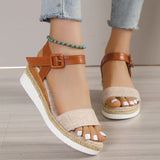 Sandalias de cuña para mujer – Piel sintética – Plataforma de yute – Punta abierta – Correa con hebilla