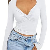 Top de mujer – Cuello en V – Corte ajustado – Manga larga – Corto con detalle de giro