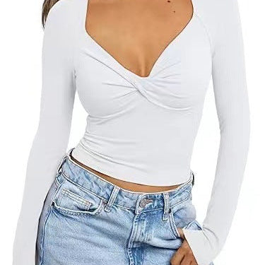 Top de mujer – Cuello en V – Corte ajustado – Manga larga – Corto con detalle de giro