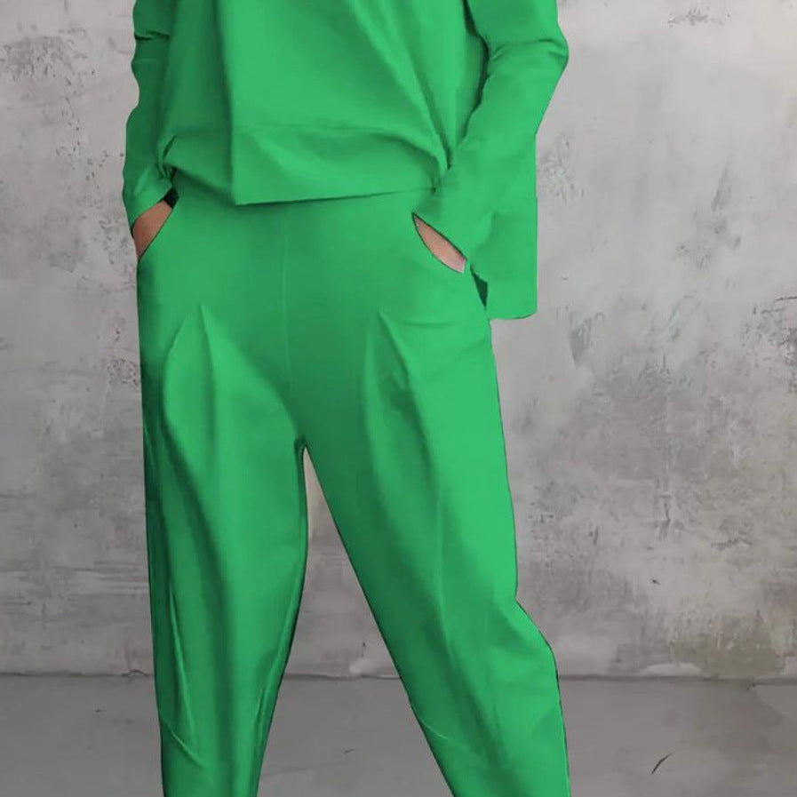 Traje de dos piezas para mujer – Corte ajustado – Top de manga larga con cuello redondo – Pantalones ajustados