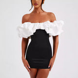 Vestido corto de mujer – Corte ajustado – Hombros descubiertos – Elegante cuello con volantes