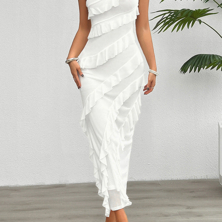 Vestido de mujer sin tirantes – Corte ajustado – Largo – Elegantes volantes asimétricos