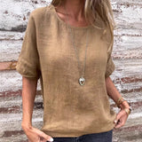Camiseta de mujer – Corte holgado – Cuello redondo – Mangas cortas – Mezcla de lino transpirable