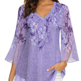 Blusa de mujer – Corte fluido – Tejido ligero y transpirable – Cuello en V – Mangas 3/4 acampanadas