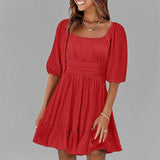 Vestido evasé para mujer – Algodón ligero – Mangas abullonadas – Escote cuadrado – Bajo con volantes